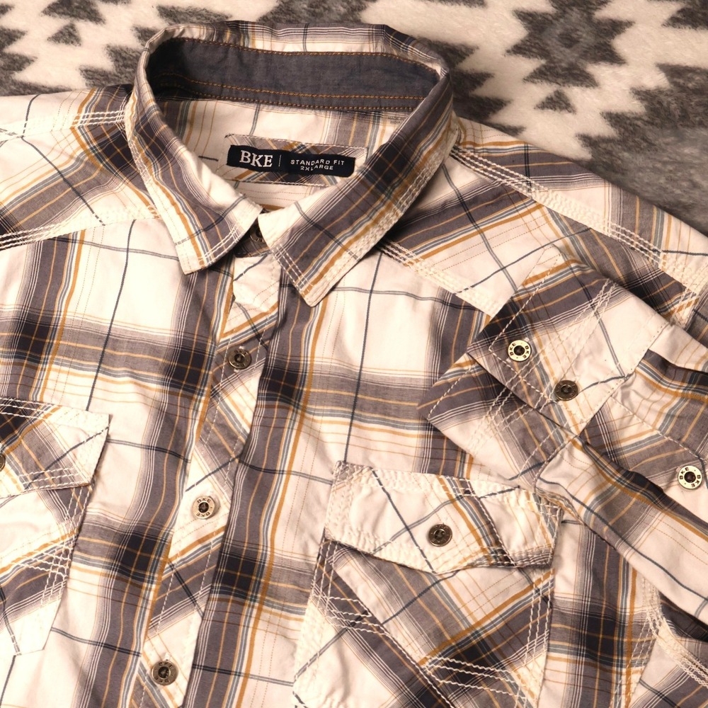 VTG Y2K BKE Plaid Button Shirt Standard Fit 2XL White Gray Yellow Long Sleeve